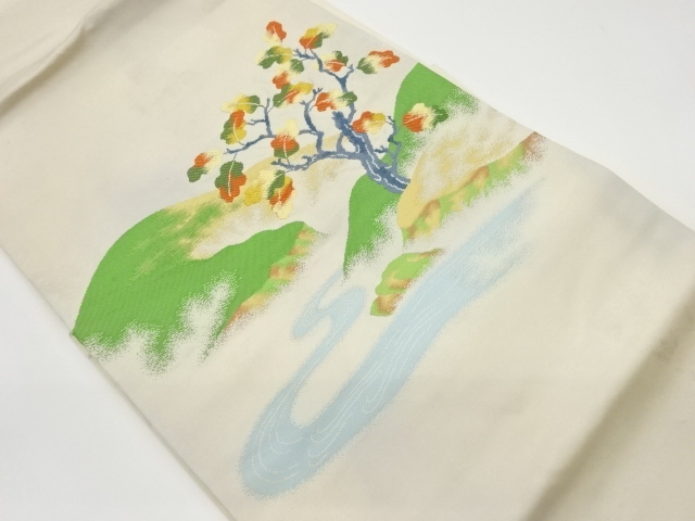 リサイクル　山並に木・川模様織出し名古屋帯